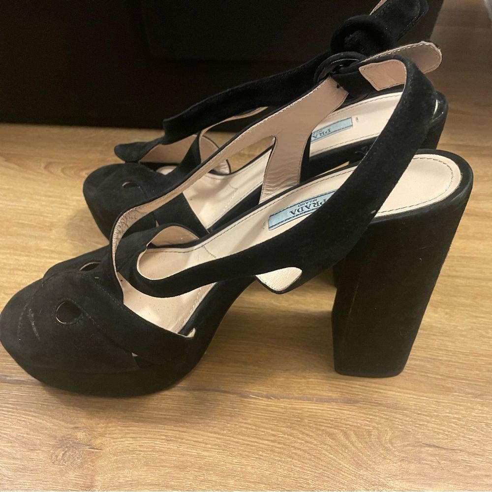 Prada Black Suede Platform Slingback Sandals Block Heels Size 39 - Picture 10 of 12